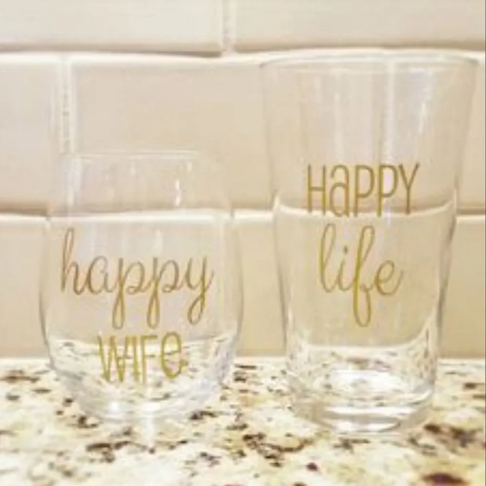 Happy wife, happy life, wine glass and beer glass set new in box